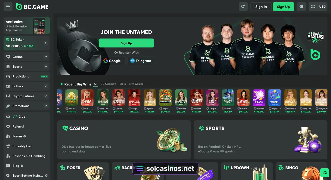 BC.Game homepage before sign-in