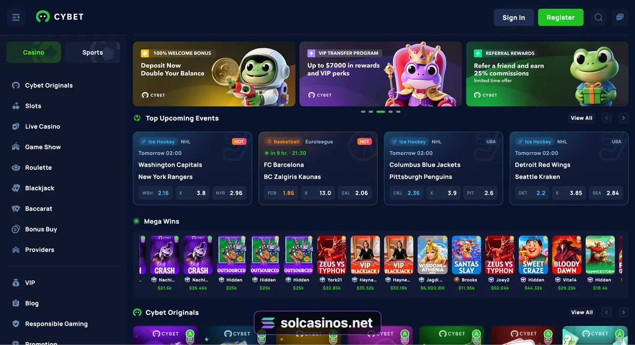 Cybet homepage before sign-in