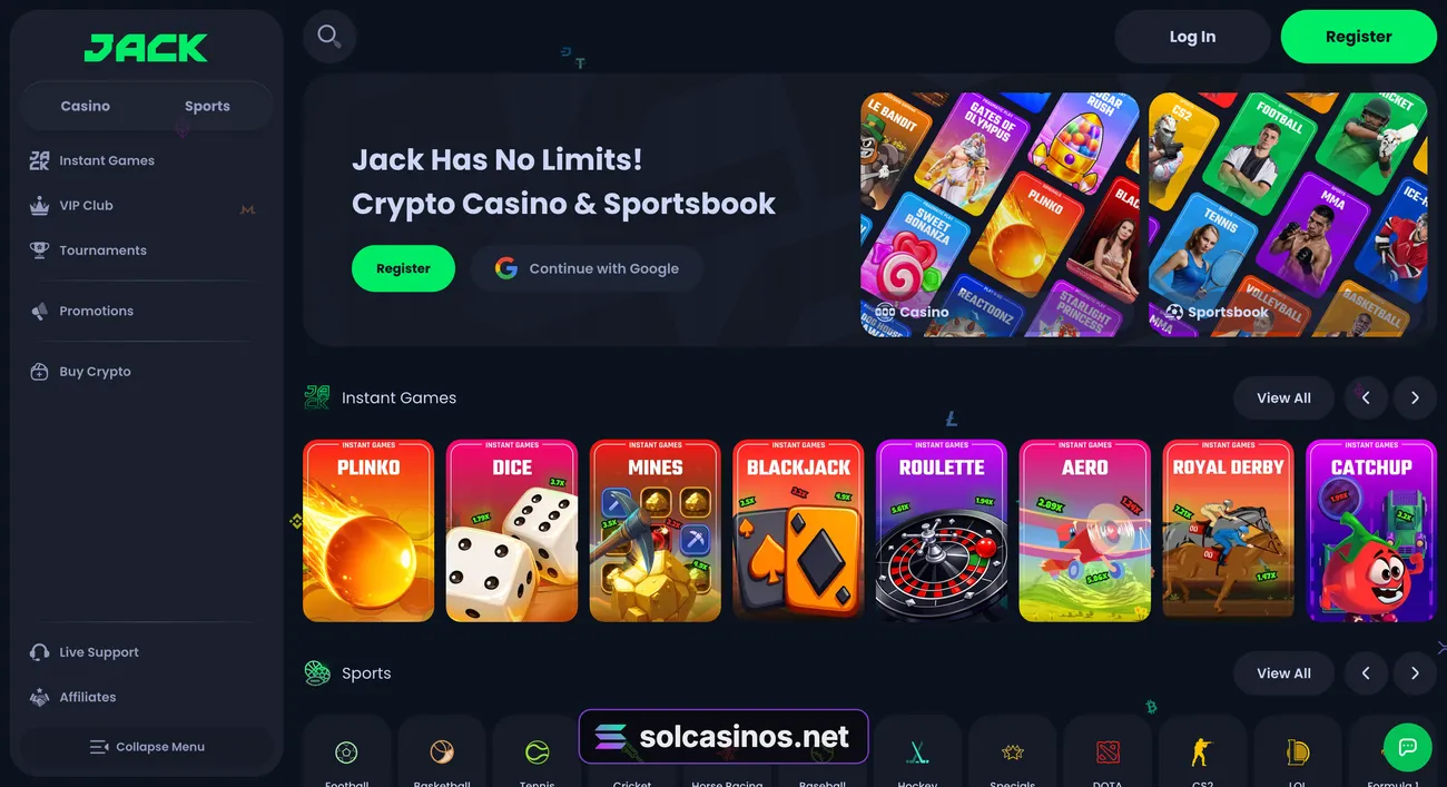 Jack homepage before sign-in