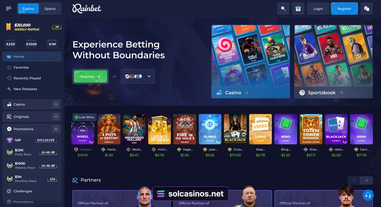 Rainbet homepage before sign-in