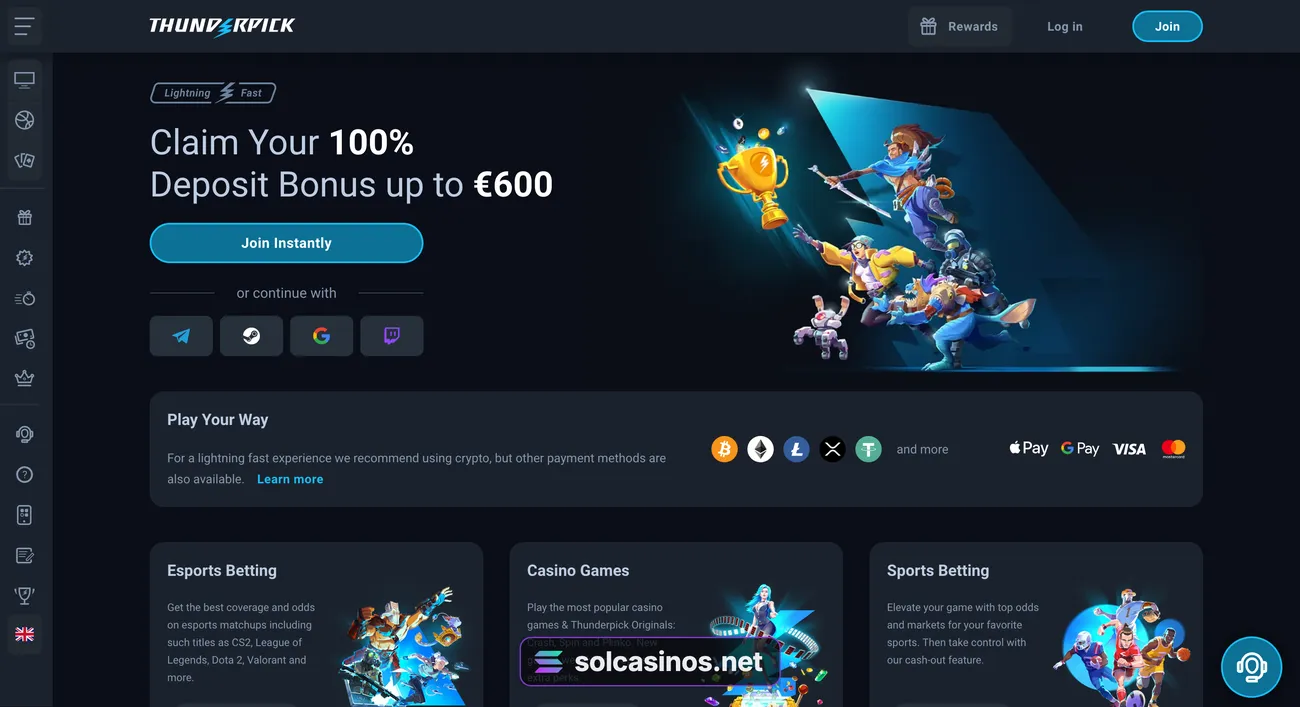Thunderpick homepage before sign-in