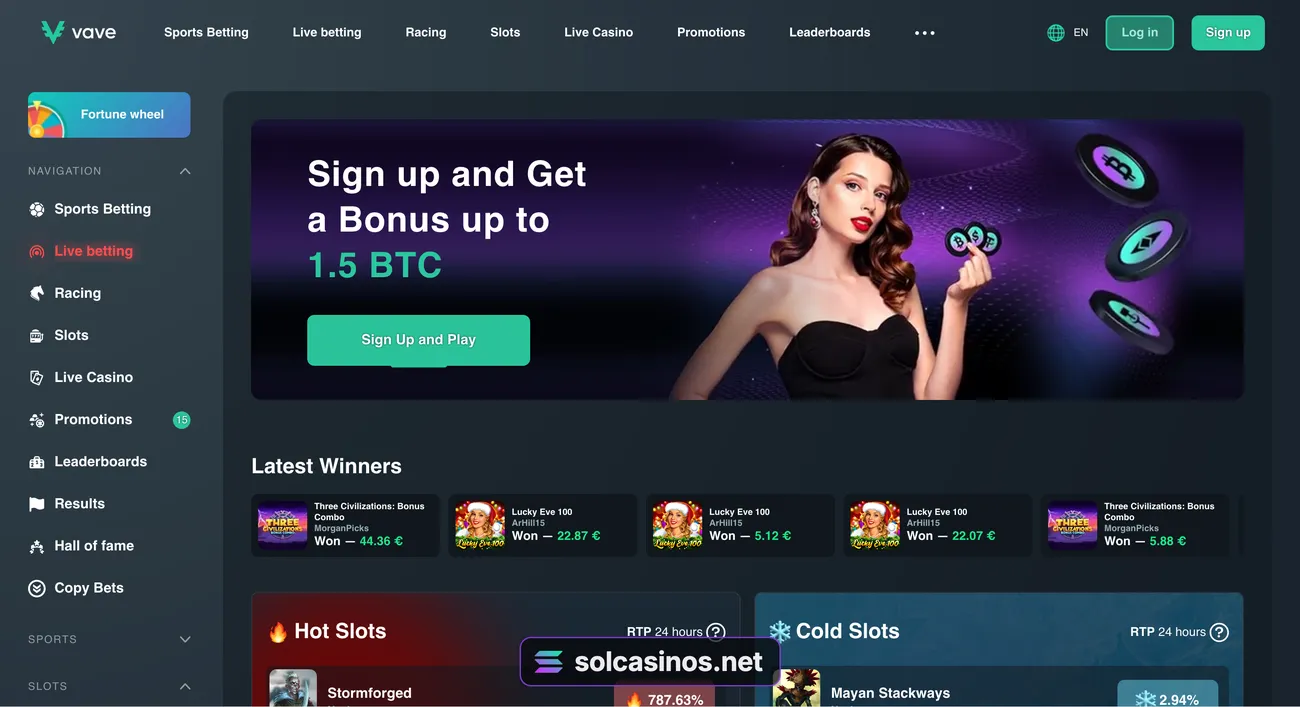 Vave homepage before sign-in